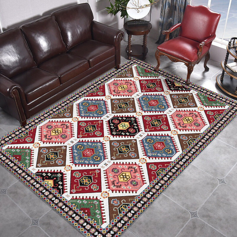 Traditional tribal pattern rug red and gray vintage rug polyester washable anti-slip backing rug for bedroom | Bowlift