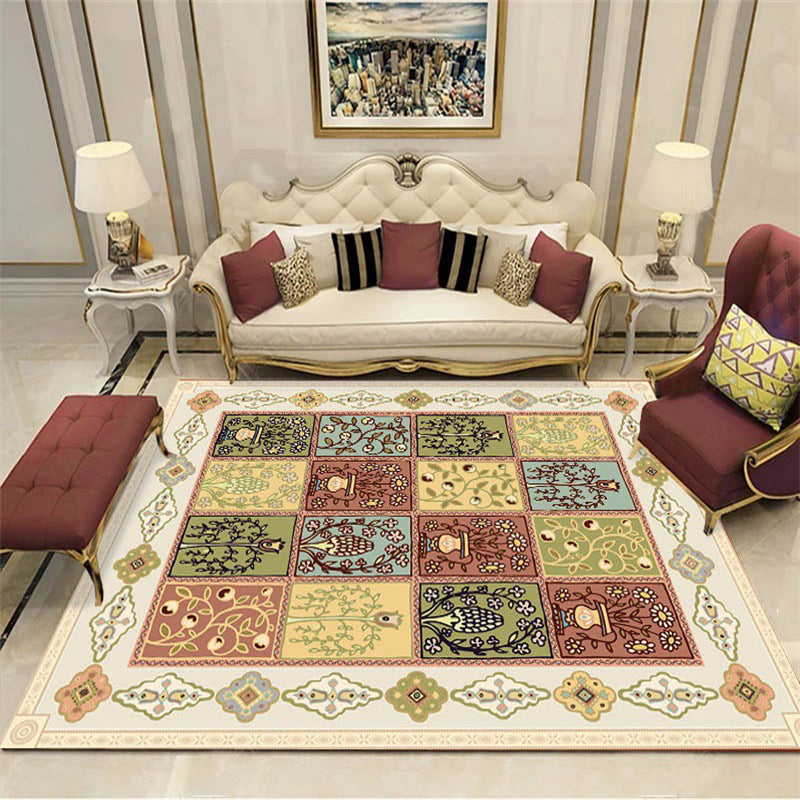 Persian checkered pattern rug with floral beige polyester rug machine washable non-slip rug for the living room | Bowlift