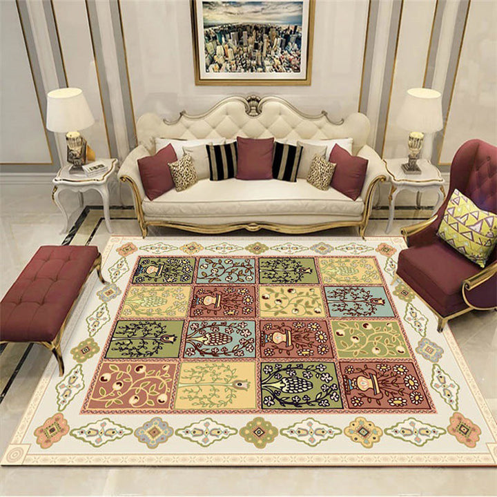 Persian checkered pattern rug with floral beige polyester rug machine washable non-slip rug for the living room | Bowlift