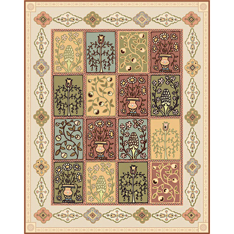 Persian checkered pattern rug with floral beige polyester rug machine washable non-slip rug for the living room | Bowlift