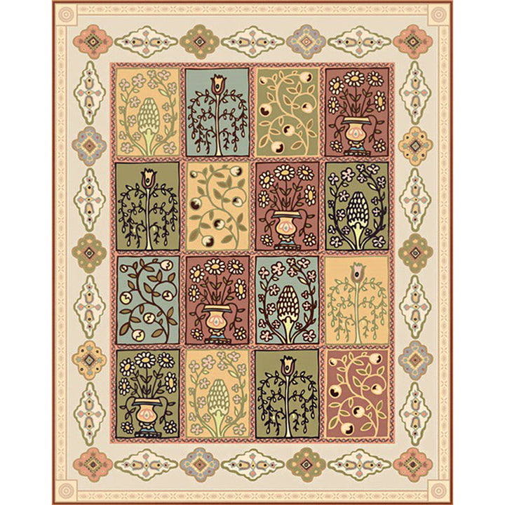 Persian checkered pattern rug with floral beige polyester rug machine washable non-slip rug for the living room | Bowlift