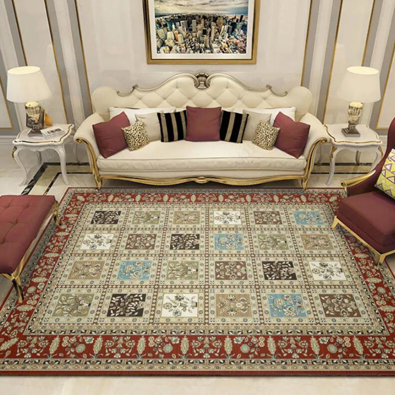 Red and Beige Moroccan Carpet Polyester Checked and Floral Pattern Carpet Washable Non-Slip Back Carpet for the Living Room | Bowlift