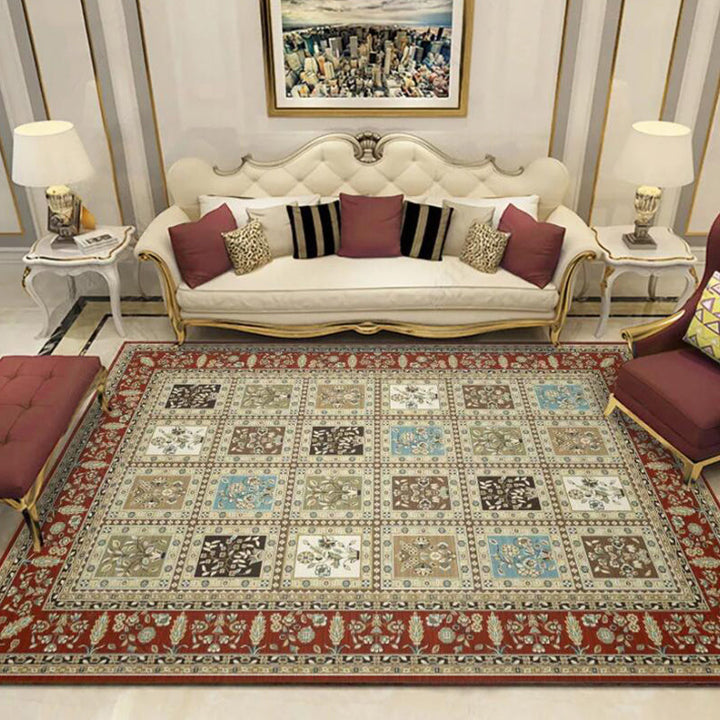 Red and Beige Moroccan Carpet Polyester Checked and Floral Pattern Carpet Washable Non-Slip Back Carpet for the Living Room | Bowlift