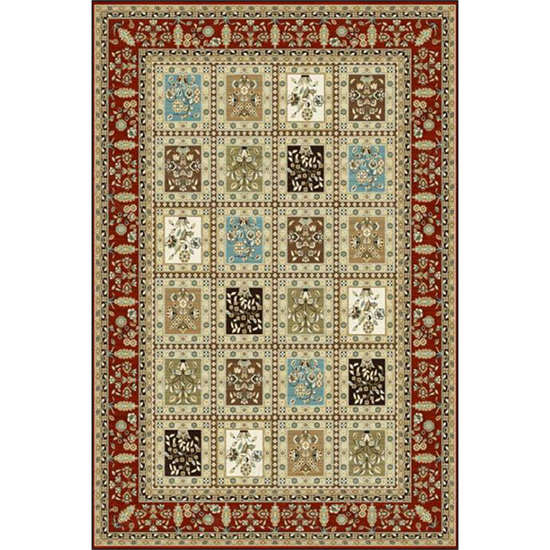 Red and Beige Moroccan Carpet Polyester Checked and Floral Pattern Carpet Washable Non-Slip Back Carpet for the Living Room | Bowlift