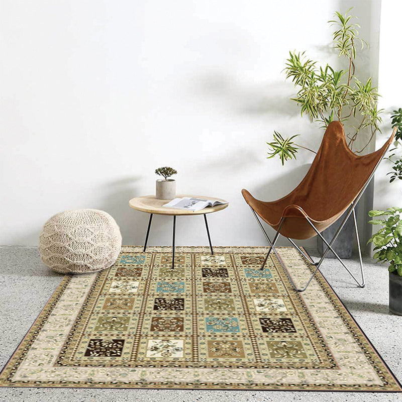Red and Beige Moroccan Carpet Polyester Checked and Floral Pattern Carpet Washable Non-Slip Back Carpet for the Living Room | Bowlift