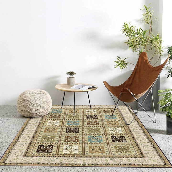 Red and Beige Moroccan Carpet Polyester Checked and Floral Pattern Carpet Washable Non-Slip Back Carpet for the Living Room | Bowlift