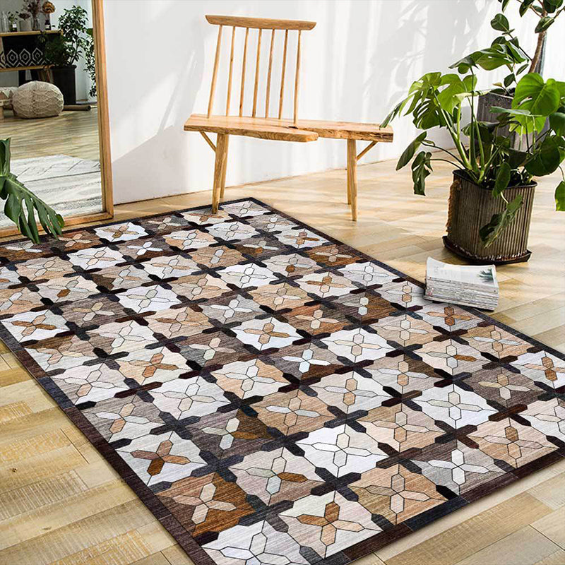 Brown Moroccan carpet Polyester checkered pattern carpet Washable Non-slip back carpet for the living room | Bowlift