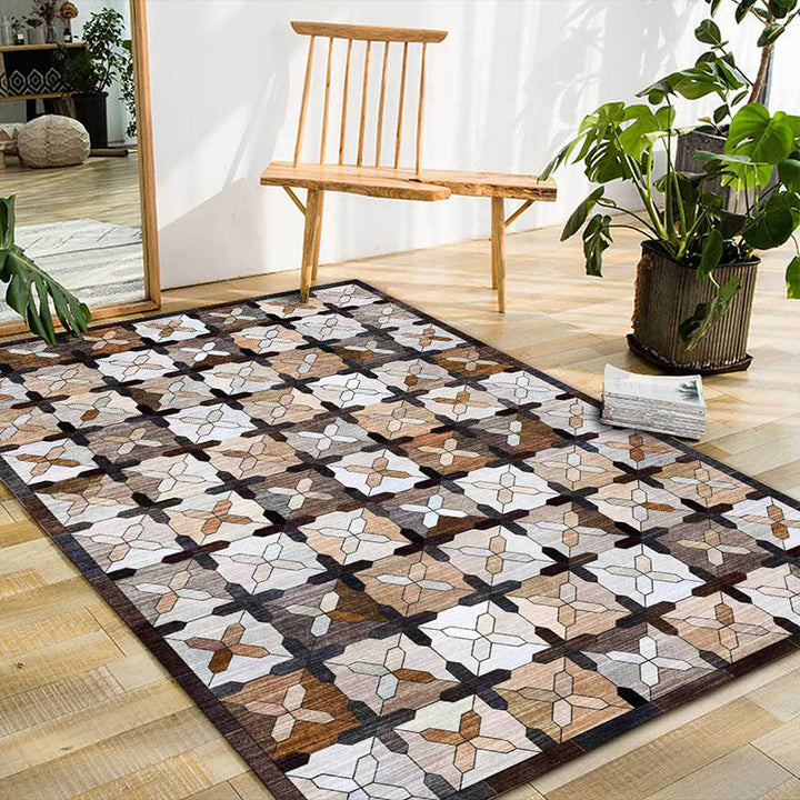 Brown Moroccan carpet Polyester checkered pattern carpet Washable Non-slip back carpet for the living room | Bowlift