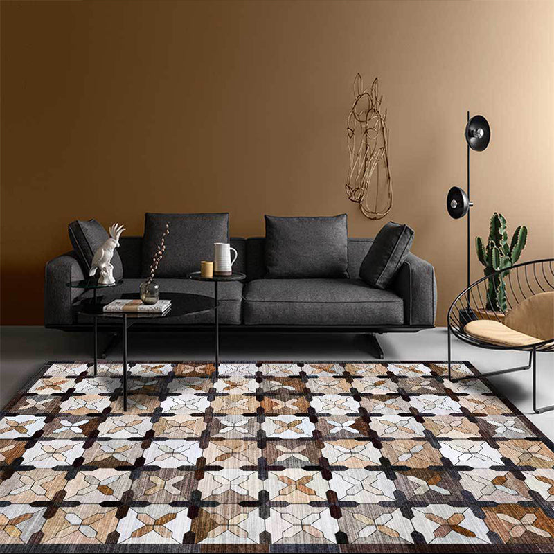 Brown Moroccan carpet Polyester checkered pattern carpet Washable Non-slip back carpet for the living room | Bowlift