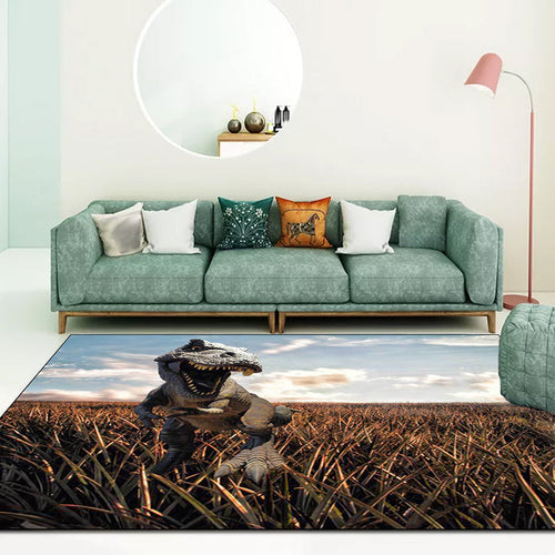 Funky Dinosaur Pattern Rug Brown and Blue Nordic Rug Polyester Washable Anti-Slip Back Rug for the Living Room | Bowlift