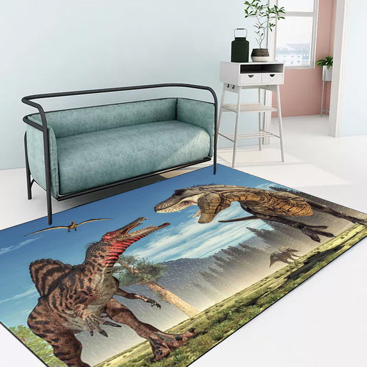 Modern dinosaur pattern rug brown and blue polyester rug machine washable non-slip rug for the bedroom | Bowlift