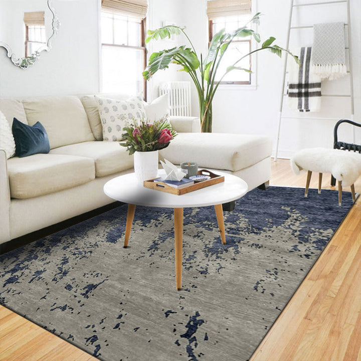 Modern living room rug in gray and blue Abstract oil painting printed rug Polyester machine washable area rug | Bowlift
