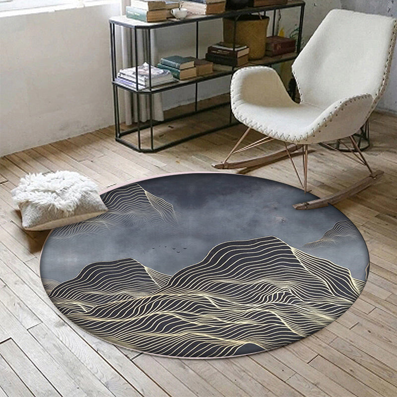 Modern swirl stripe pattern rug with mountain dark gray polyester rug machine washable non-slip area rug for bedroom | Bowlift