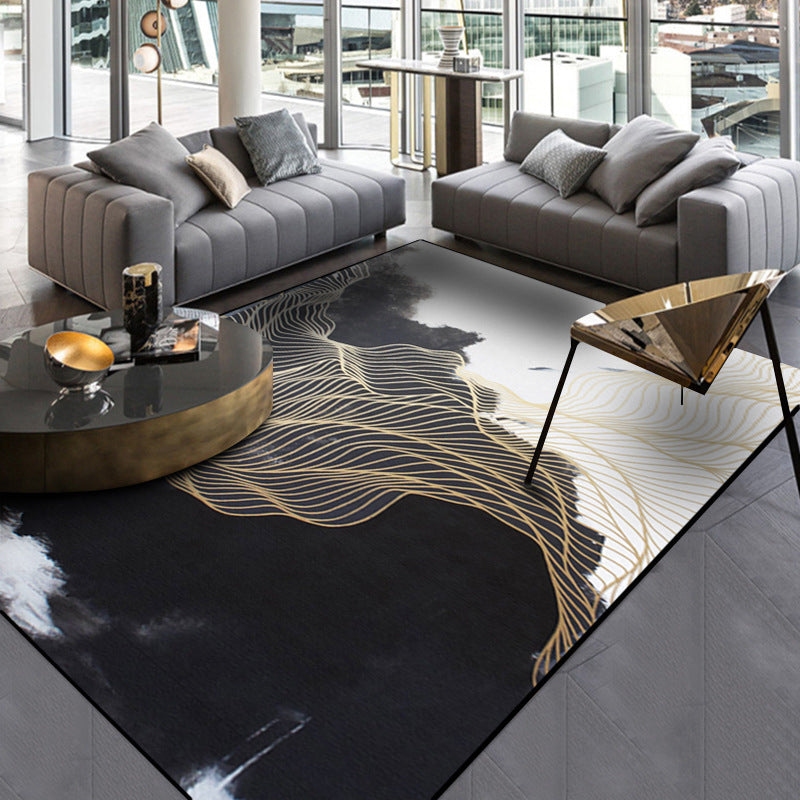 BowLift | Traditional swirl stripe pattern rug black and white oriental rug polyester washable non-slip backing rug for living room