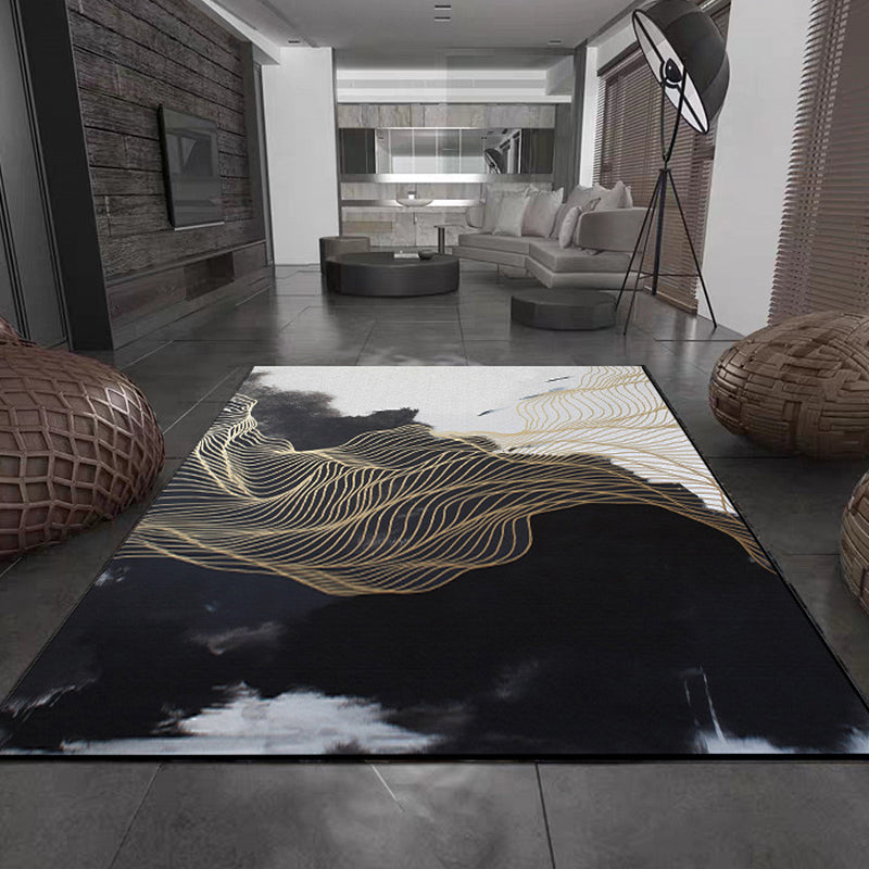 BowLift | Traditional swirl stripe pattern rug black and white oriental rug polyester washable non-slip backing rug for living room