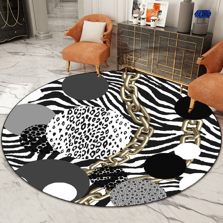 Simple modern rug in black and white zebra stripes leopard chain circle pattern rug polyester washable flooring for bedroom | Bowlift
