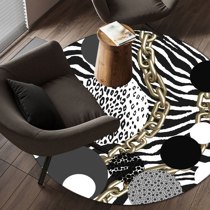 Simple modern rug in black and white zebra stripes leopard chain circle pattern rug polyester washable flooring for bedroom | Bowlift