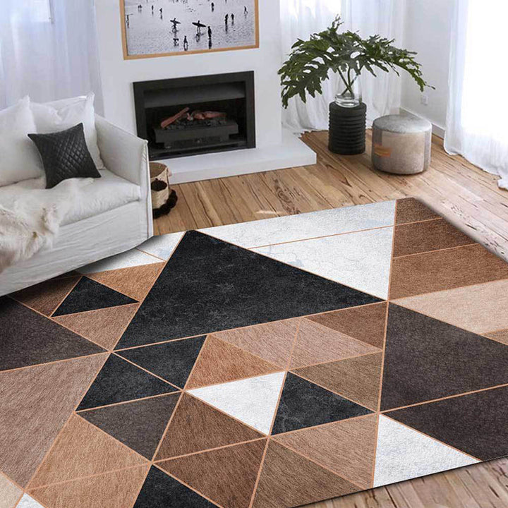 Nordic Geometric Pattern Rug Brown and White Polyester Rug Machine Washable Non-Slip Rug for the Bedroom | Bowlift