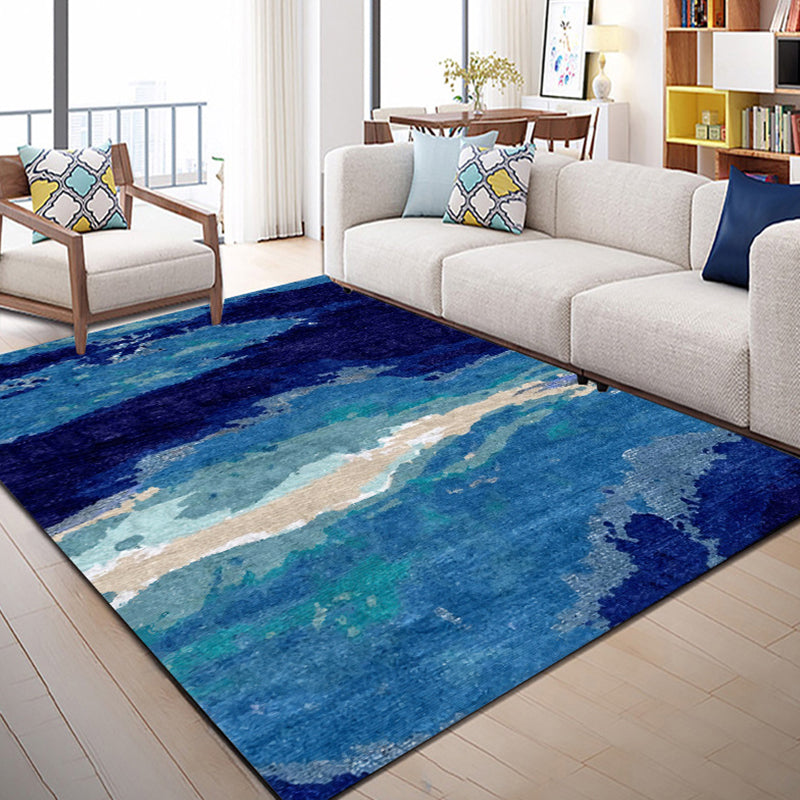 Blue bedroom carpet Modern abstract ocean pattern area rug Polyester non-slip washable rug | Bowlift