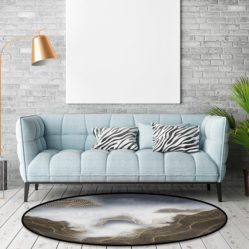 Stylish swirl stripe pattern rug with mountain gray oriental rug washable polyester non-slip back rug for the living room | Bowlift