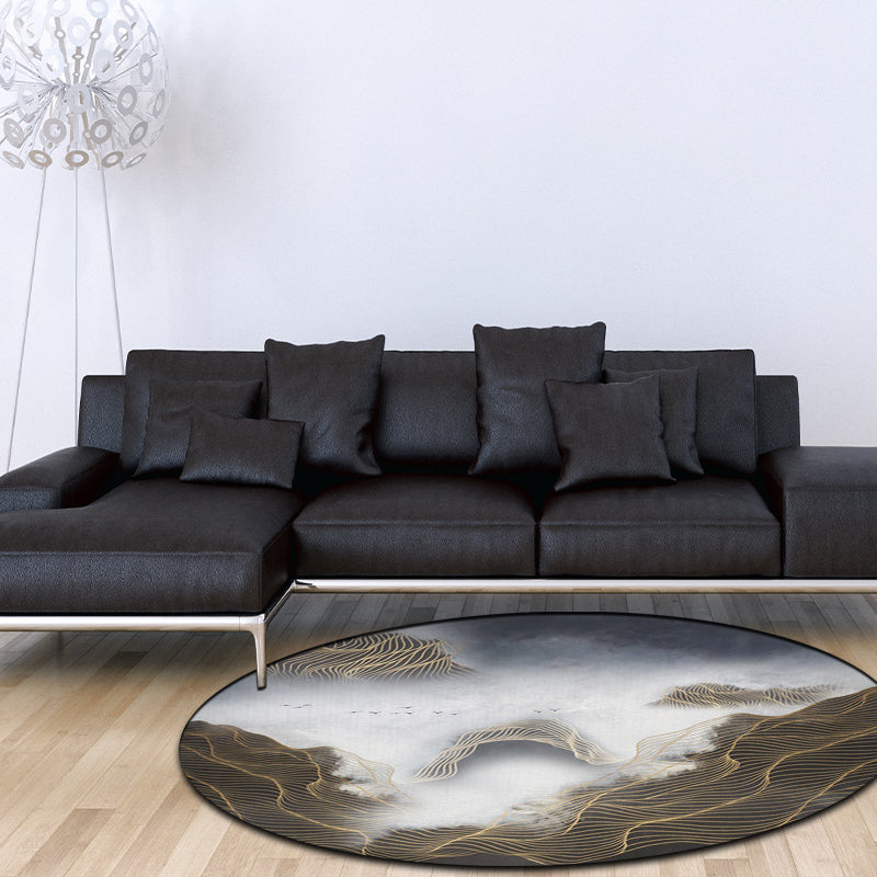 Stylish swirl stripe pattern rug with mountain gray oriental rug washable polyester non-slip back rug for the living room | Bowlift