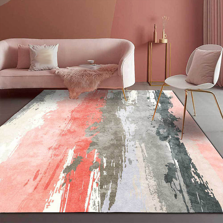 Pink and Gray Modern Rug Polyester Brush Stroke Pattern Rug Washable Non-Slip Back Rug for Living Room | Bowlift