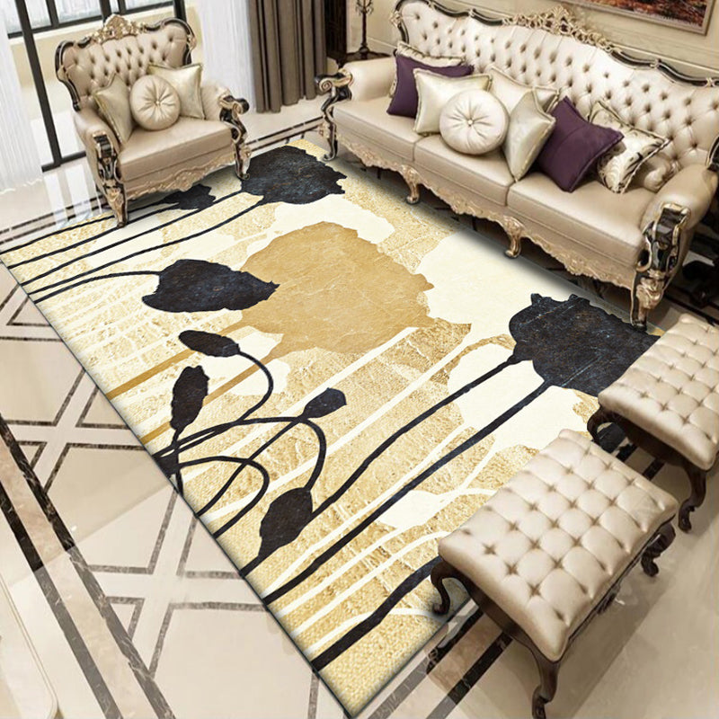 Contemporary watercolor pattern rug gold and black polyester rug machine washable non-slip rug for the bedroom | Bowlift