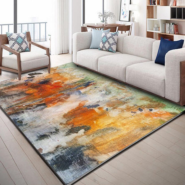 Modern living room rug in orange abstract watercolor painting print rug polyester non-slip washable rug | Bowlift
