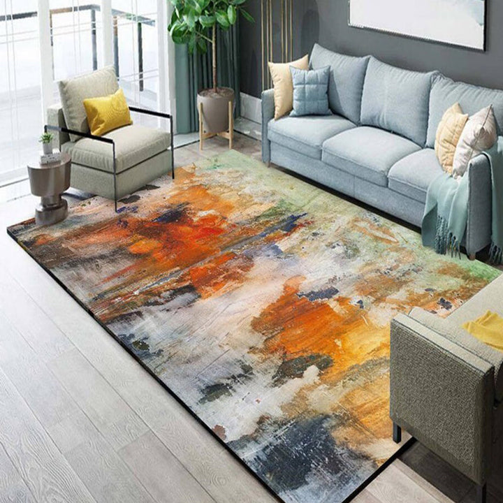 Modern living room rug in orange abstract watercolor painting print rug polyester non-slip washable rug | Bowlift
