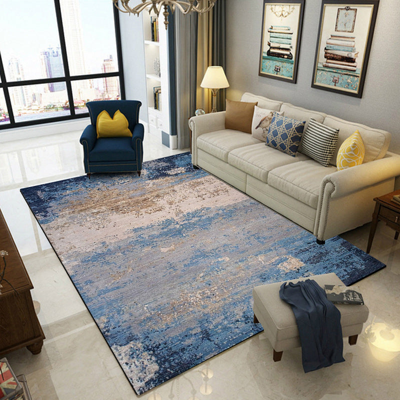 Modern living room rug in blue Abstract oil painting print rug Polyester pet-friendly washroom area rug | Bowlift
