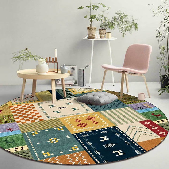 Classic tribal checkered pattern rug yellow and green vintage rug polyester washable non-slip bottom rug for living room | Bowlift
