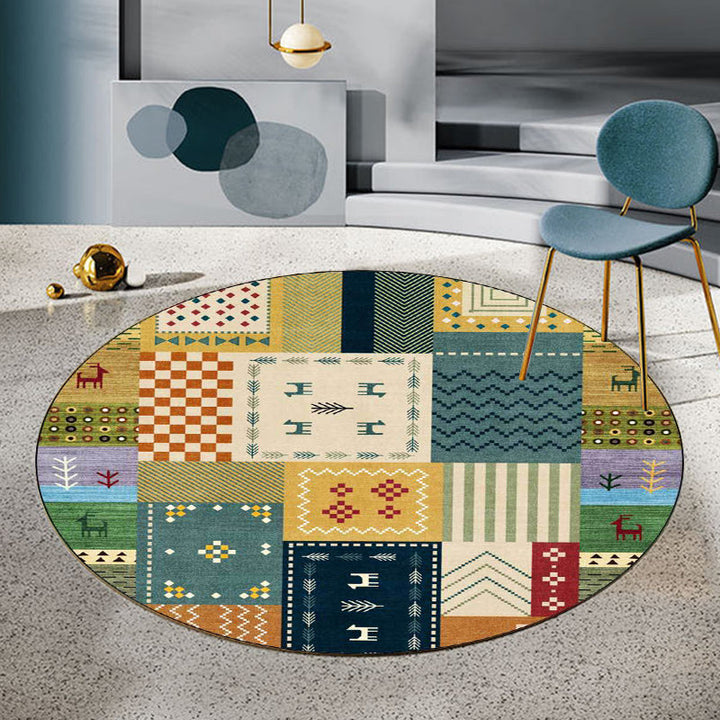 Classic tribal checkered pattern rug yellow and green vintage rug polyester washable non-slip bottom rug for living room | Bowlift