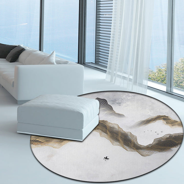 Light gray oriental carpet Polyester swirl stripe pattern carpet with mountain and bird washable non-slip backing flooring for the living room | Bowlift