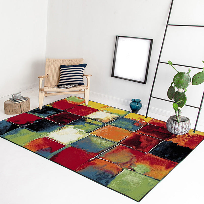 Modern Living Room Rug Colorful Abstract Plaid Print Rug Polyester Stain Resistant Washable Rug | Bowlift
