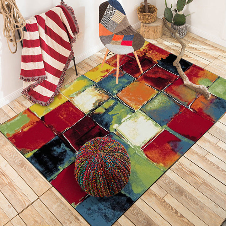 Modern Living Room Rug Colorful Abstract Plaid Print Rug Polyester Stain Resistant Washable Rug | Bowlift