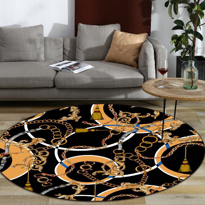 Modern rug for the living room in black belt chain circle print rug polyester stain-resistant non-slip area rug | Bowlift