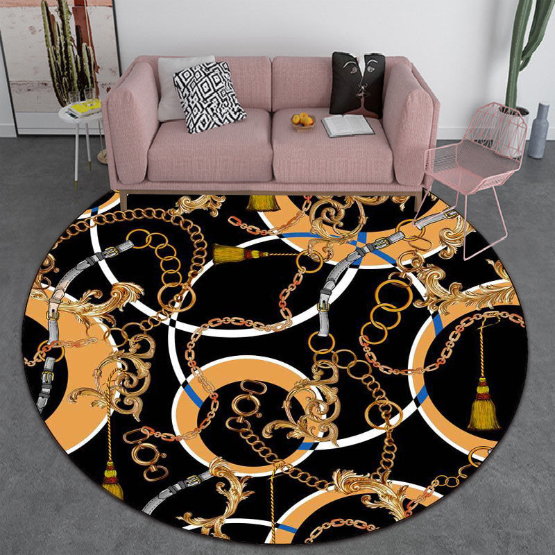 Modern rug for the living room in black belt chain circle print rug polyester stain-resistant non-slip area rug | Bowlift