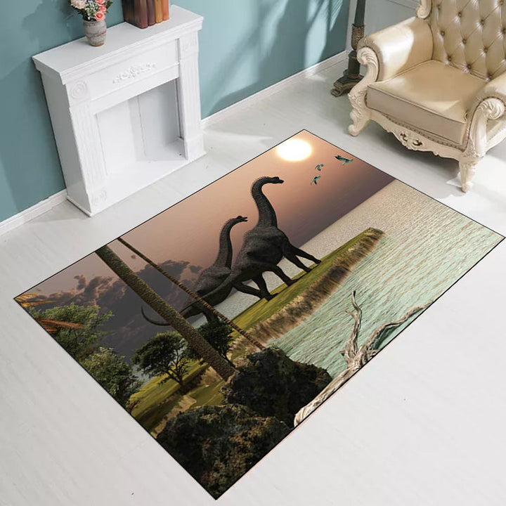 Orange and Green New Products Rug Polyester Dinosaur and Sea Pattern Rug Washable Non-Slip Backing Rug for Living Room | Bowlift