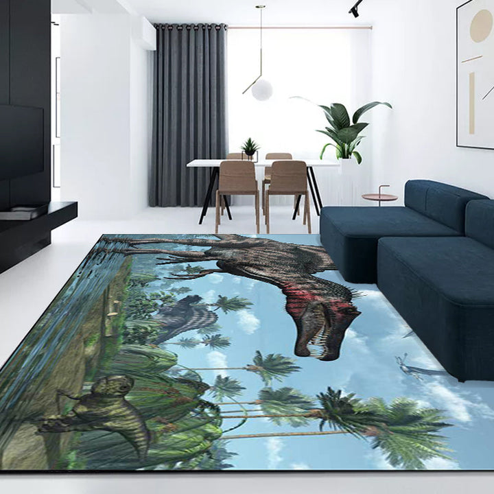 Unique Dinosaur Pattern Rug Blue Modern Rug Polyester Washable Non-slip Back Rug for Living Room | Bowlift