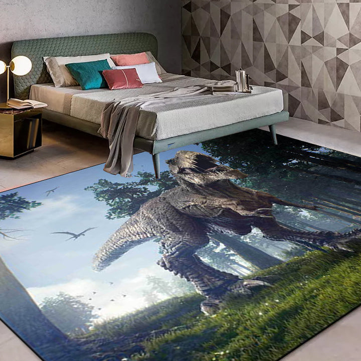 Blue novelty carpet polyester dinosaur and tree pattern carpet washable non-slip backing carpet for the living room | Bowlift