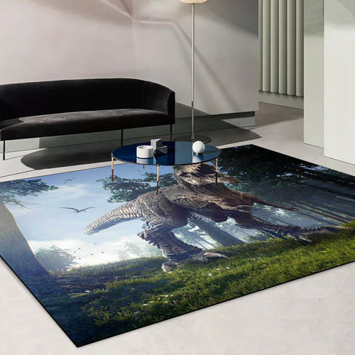 Blue novelty carpet polyester dinosaur and tree pattern carpet washable non-slip backing carpet for the living room | Bowlift