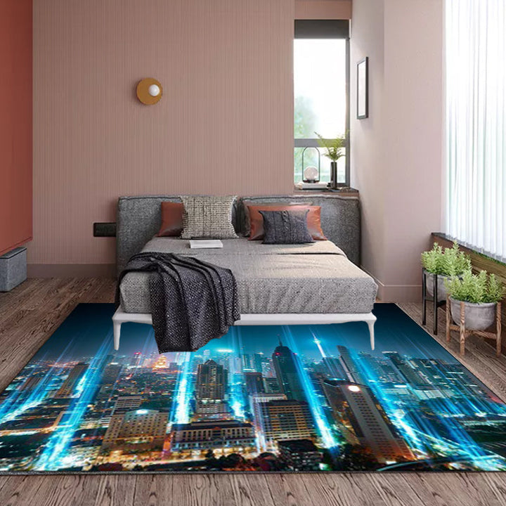 Blue modern carpet polyester geography pattern carpet washable non-slip backing mat for the living room | Bowlift