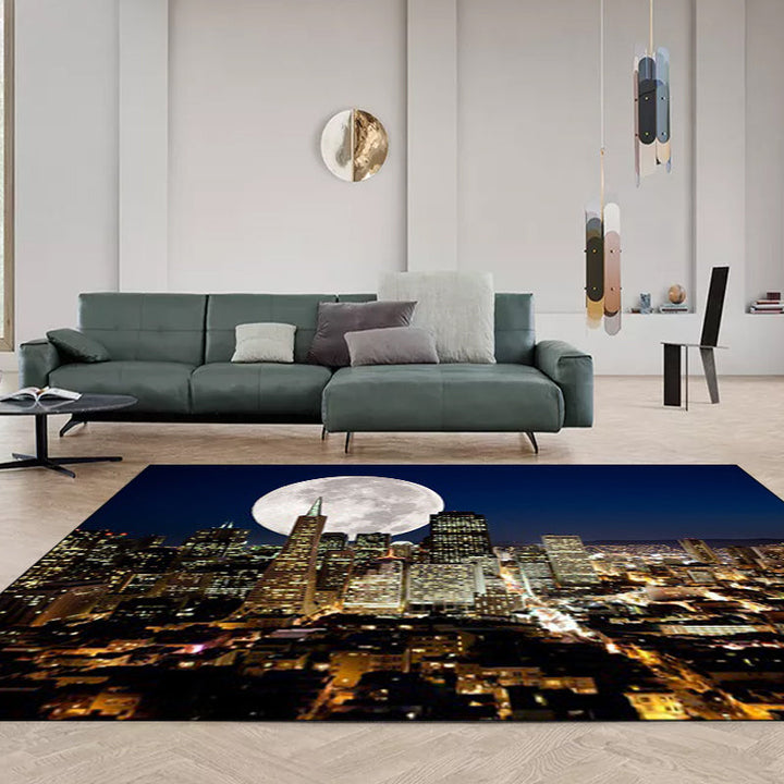 Contemporary geography pattern rug with moon dark blue polyester rug machine washable non-slip area rug for the bedroom | Bowlift