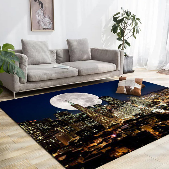 Contemporary geography pattern rug with moon dark blue polyester rug machine washable non-slip area rug for the bedroom | Bowlift