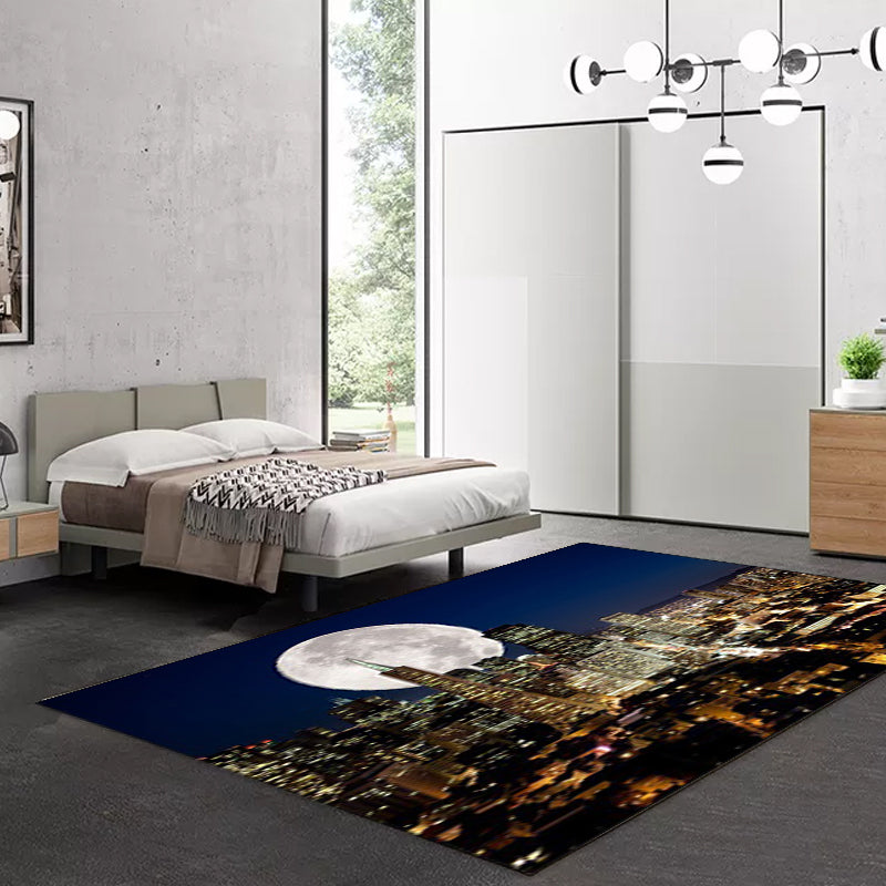 Contemporary geography pattern rug with moon dark blue polyester rug machine washable non-slip area rug for the bedroom | Bowlift