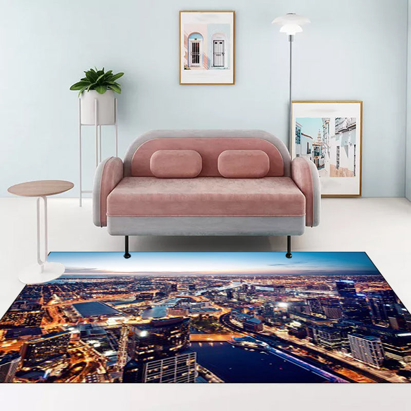 Funky Geography Pattern Rug Blue Contemporary Rug Polyester Washable Non-Slip Back Rug for the Living Room | Bowlift