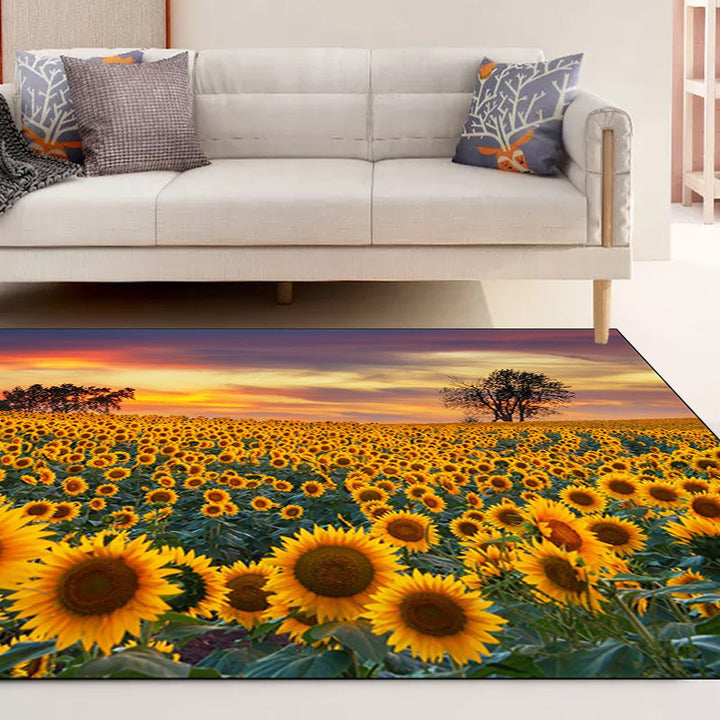 New Sunflower Pattern Rug Yellow and Purple Polyester Rug Machine Washable Non-Slip Rug for the Bedroom | Bowlift
