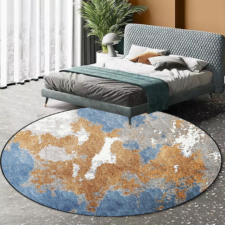 Funky Abstract Rug Blue and Golden Nordic Rug Polyester Washable Non-Slip Back Living Room Rug | Bowlift