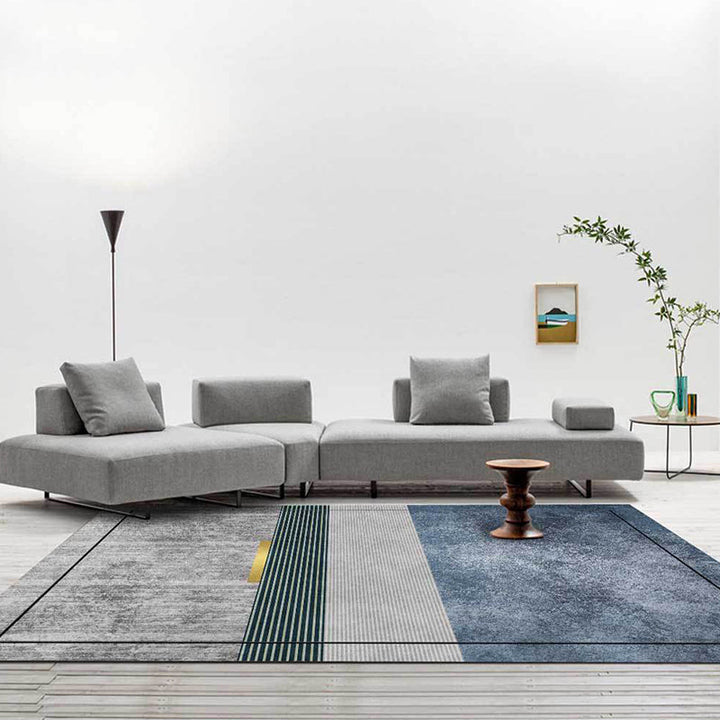 Gray and Blue Novelty Rug Polyester Striped Pattern Rug Washable Non-Slip Back Rug for Living Room | Bowlift