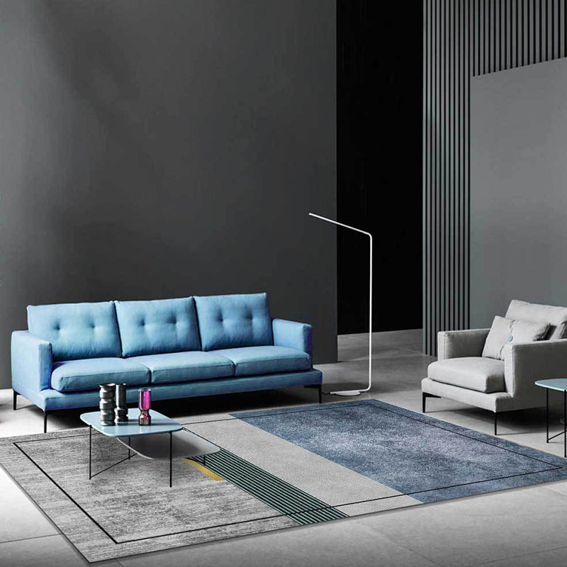 Gray and Blue Novelty Rug Polyester Striped Pattern Rug Washable Non-Slip Back Rug for Living Room | Bowlift